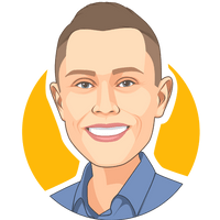 Cartoon figure of a white male with short light brown hair, a blue blouse and a orange circle as a background